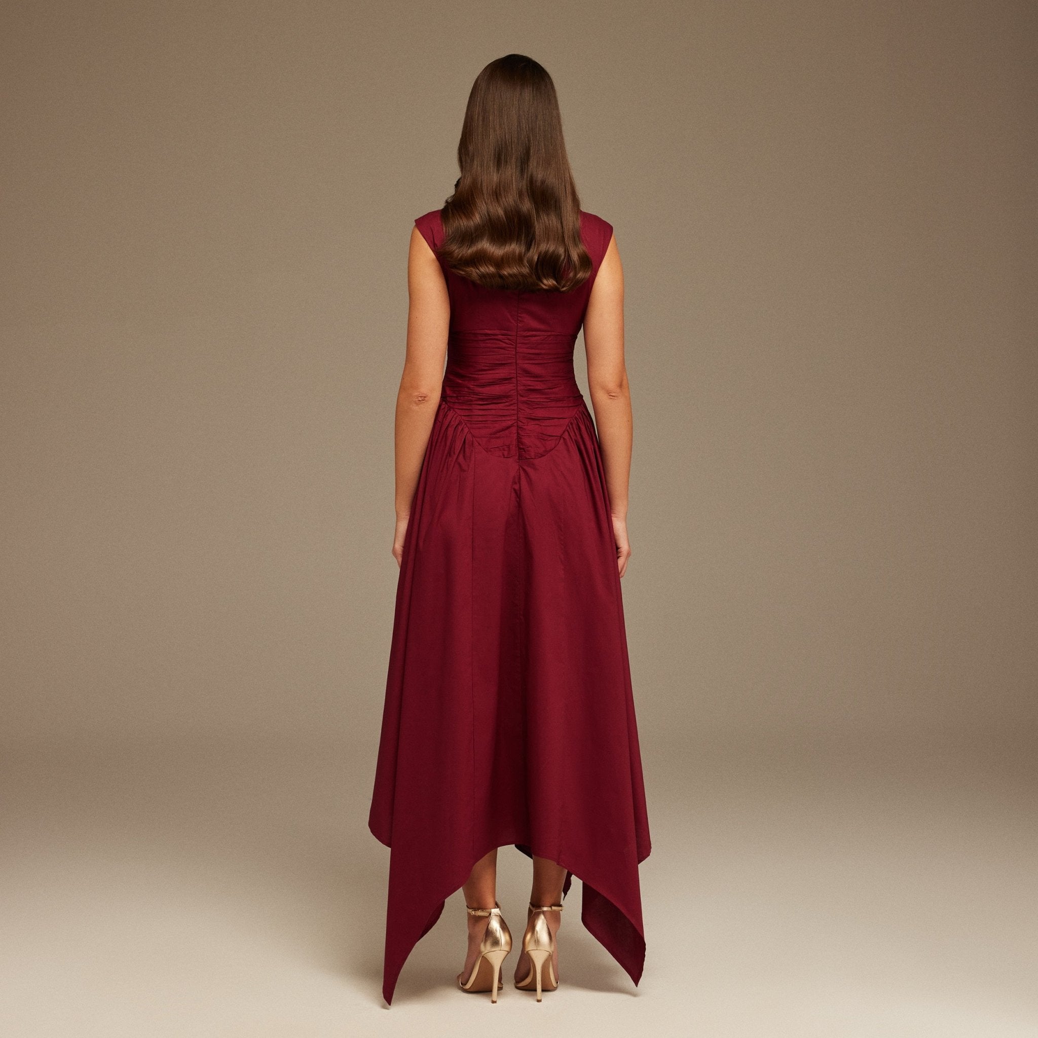 Burgundy Gathered Pleated Waist Midi Dress - shopaleena