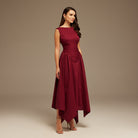 Burgundy Gathered Pleated Waist Midi Dress - shopaleena