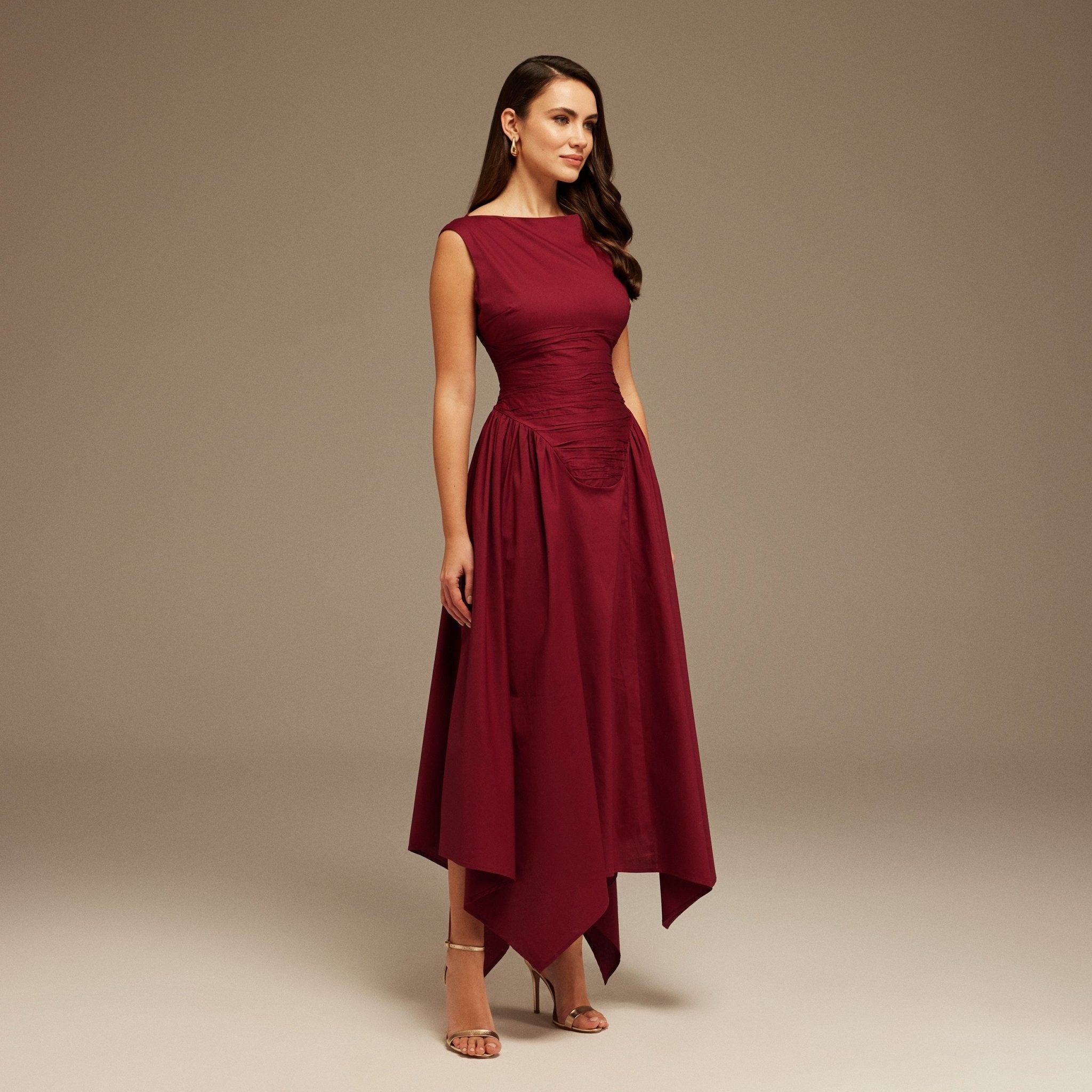 Burgundy Gathered Pleated Waist Midi Dress - shopaleena