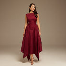 Burgundy Gathered Pleated Waist Midi Dress - shopaleena