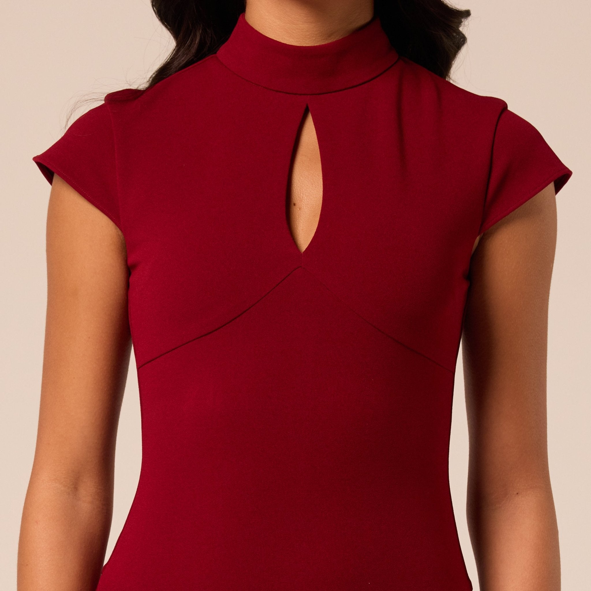 Burgundy High Neck Crepe Dress with Chiffon Godets - shopaleena