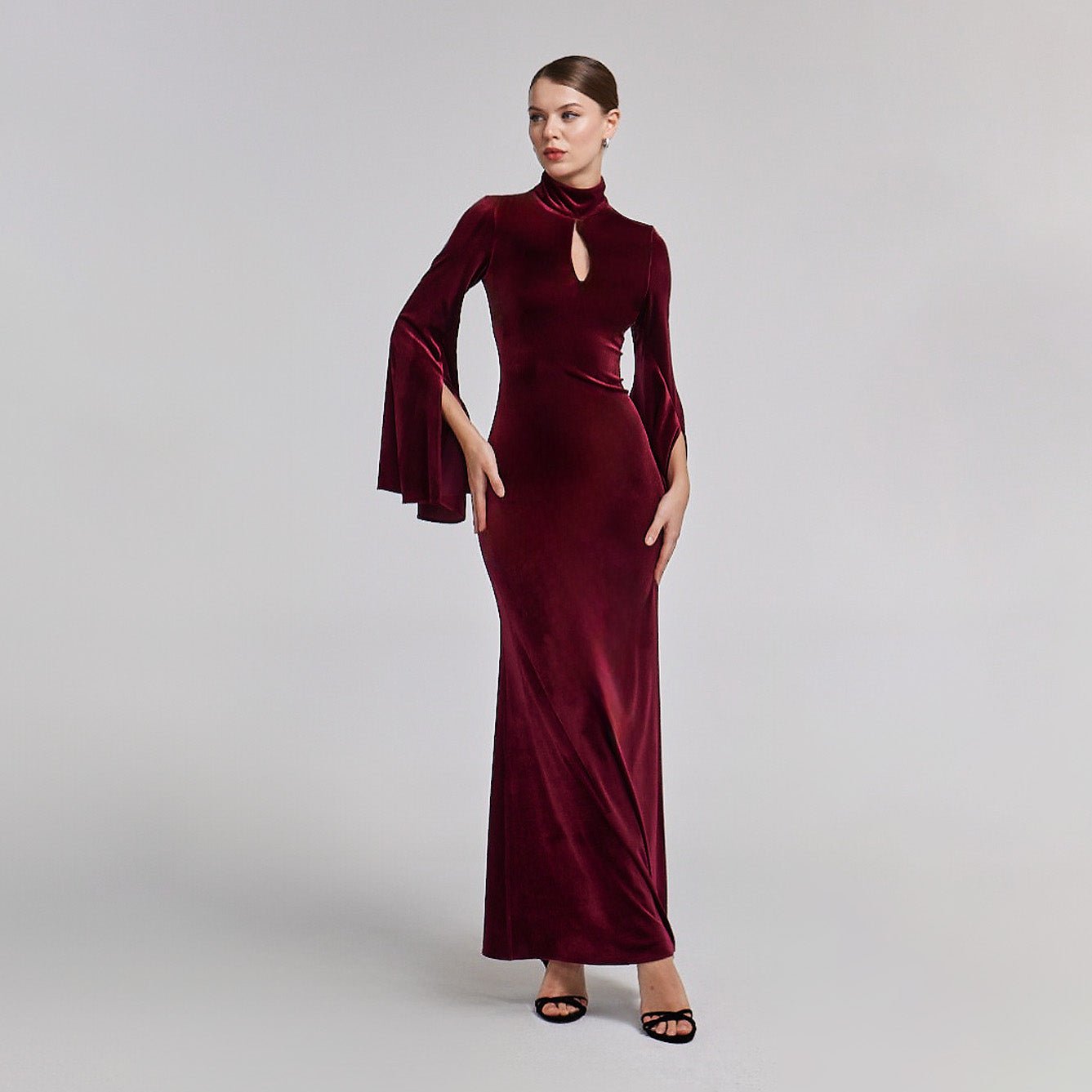 Burgundy High Neck Flared Sleeve Velvet Dress - shopaleena