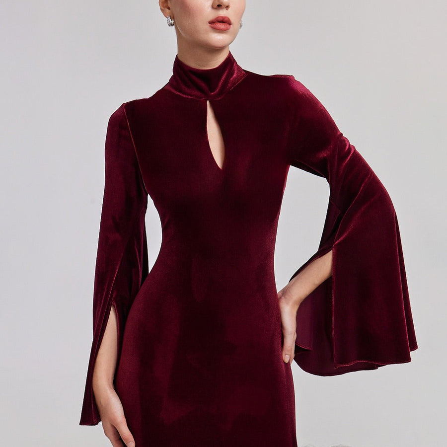 Burgundy High Neck Flared Sleeve Velvet Dress - shopaleena