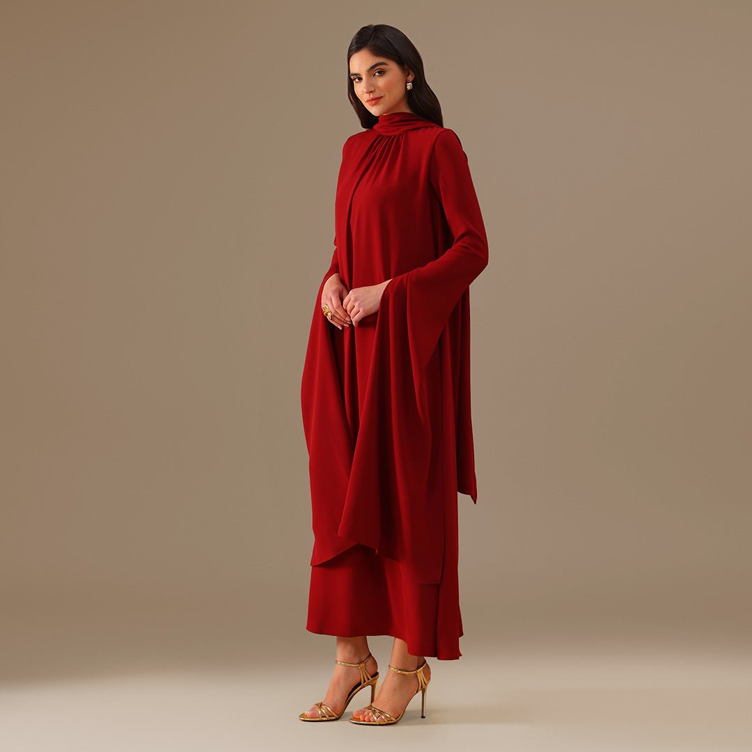 Burgundy High Neck Long Flared Sleeve Maxi Dress - shopaleena