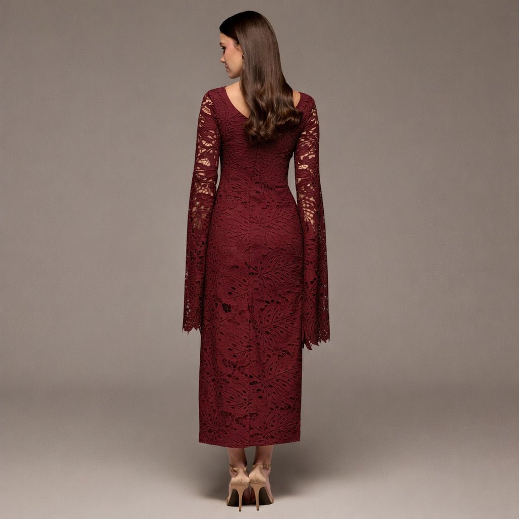Burgundy Lace Long Sleeve Maxi Dress - shopaleena