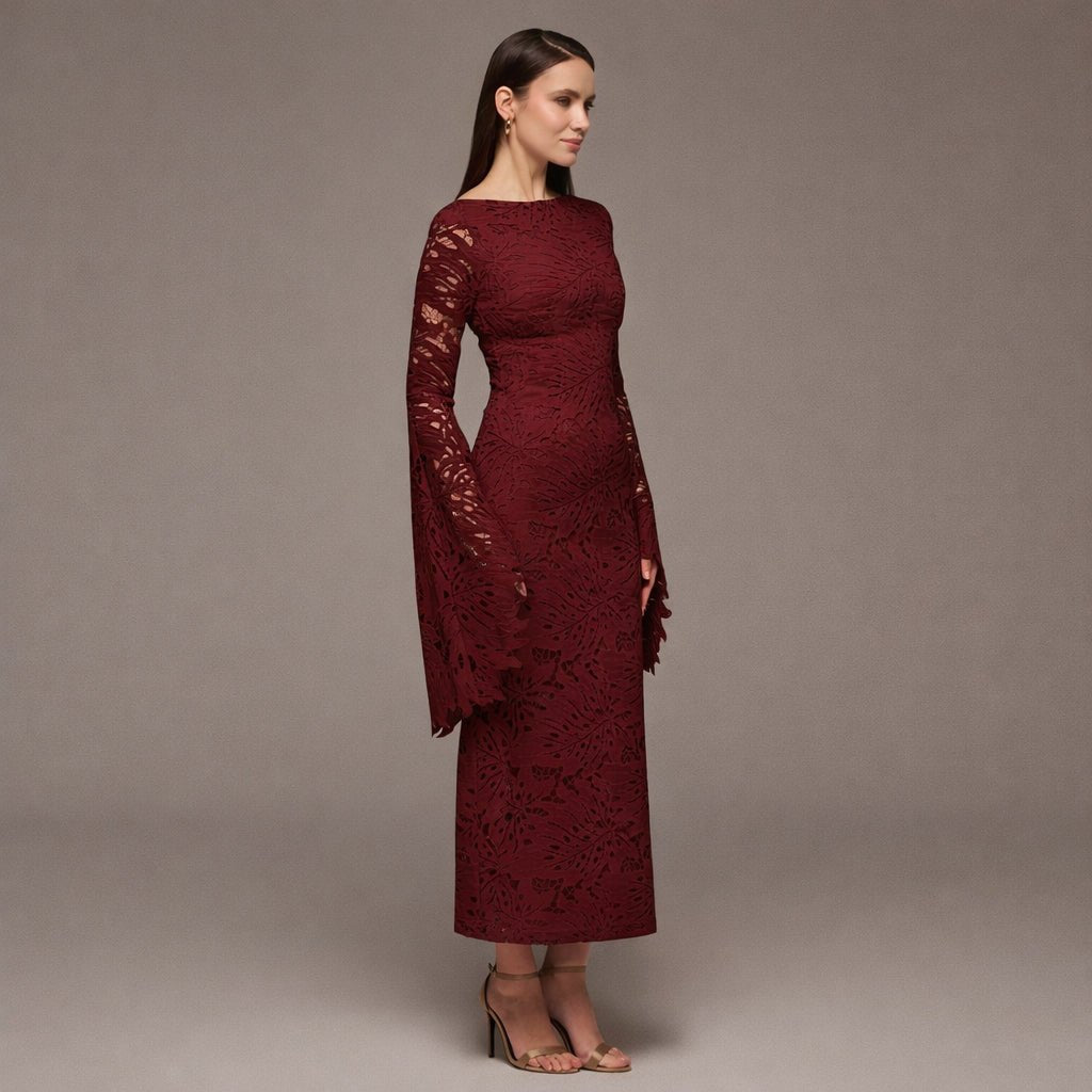 Burgundy Lace Long Sleeve Maxi Dress - shopaleena