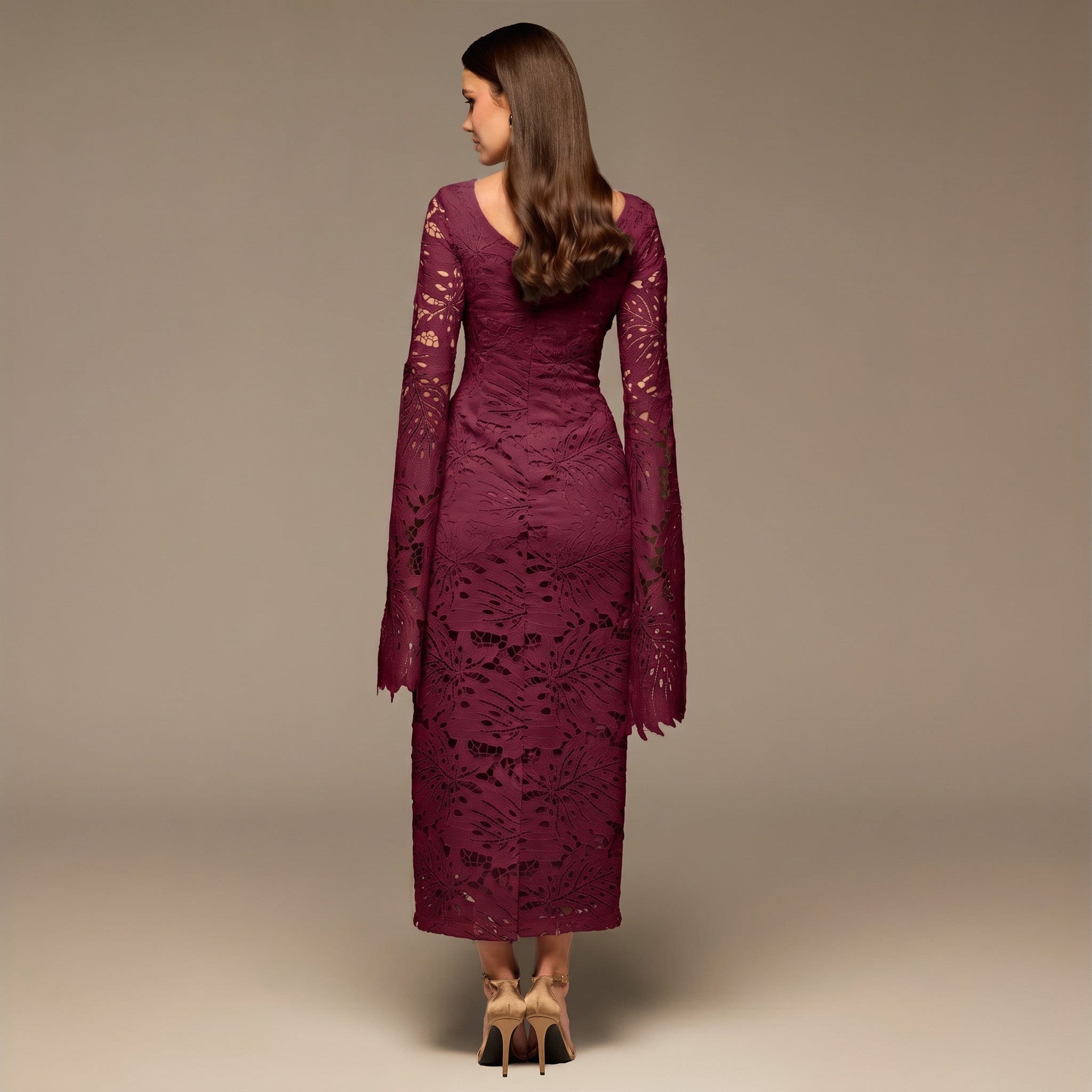 Burgundy Lace Long Sleeve Maxi Dress - shopaleena