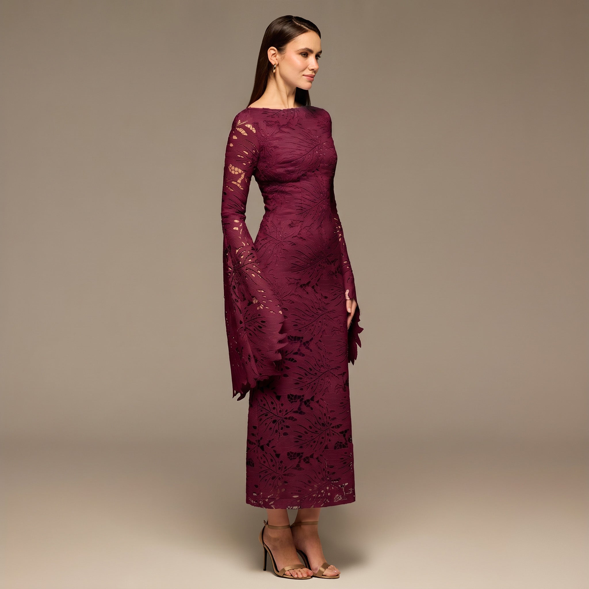 Burgundy Lace Long Sleeve Maxi Dress - shopaleena