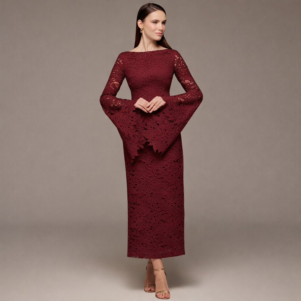 Burgundy Lace Long Sleeve Maxi Dress - shopaleena