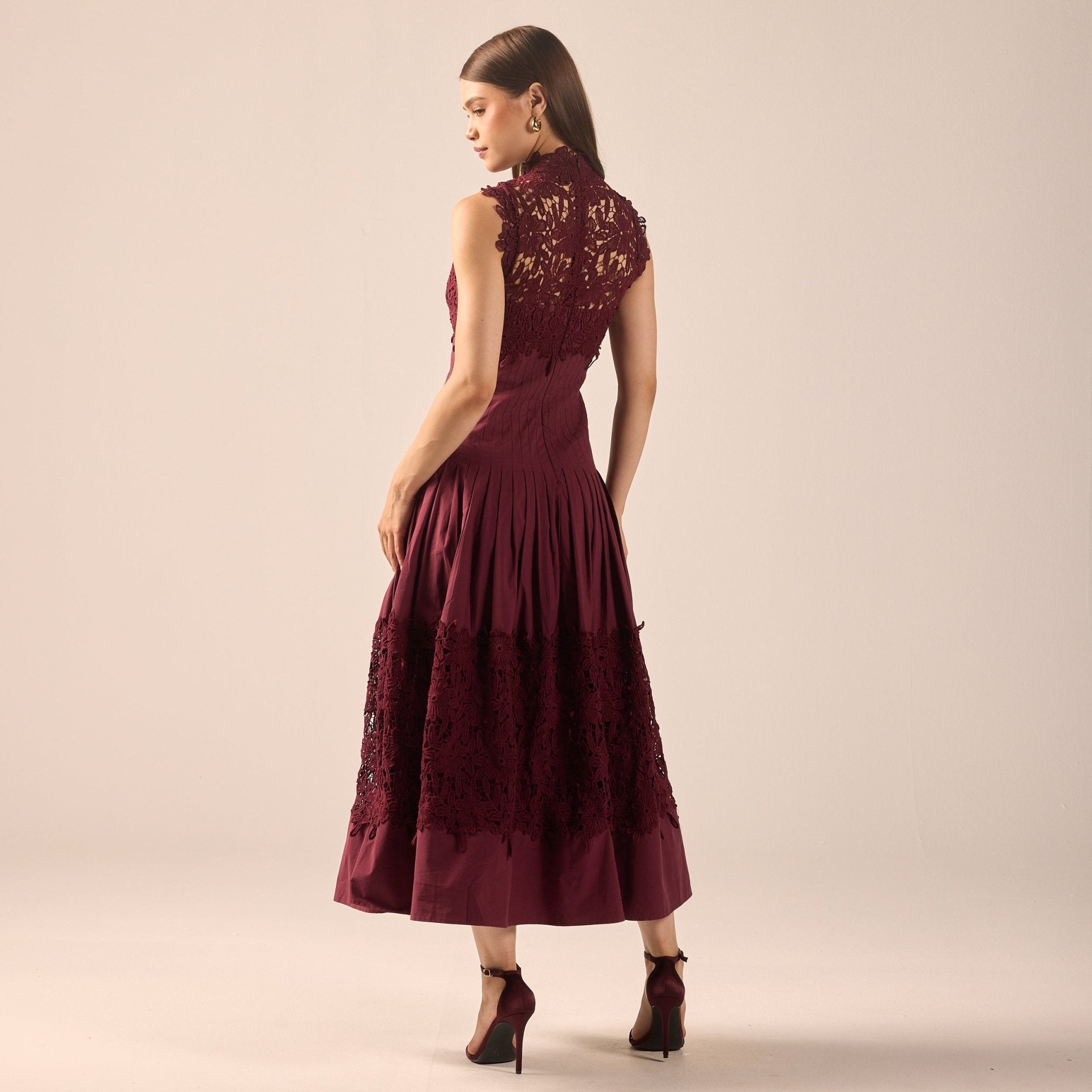 Burgundy Lace-Paneled Cotton Midi Dress - shopaleena