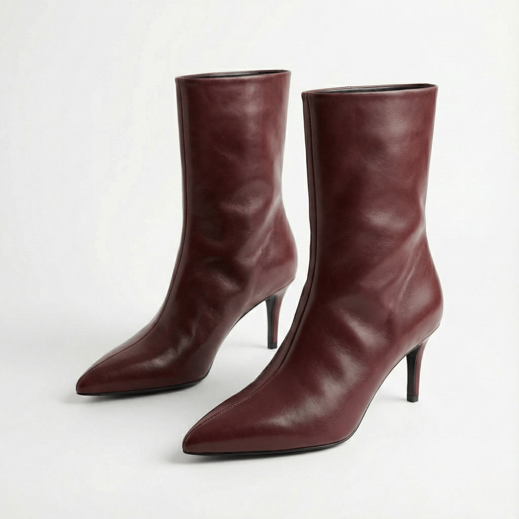 Burgundy Leather Mid - Calf High Heel Boots - shopaleena