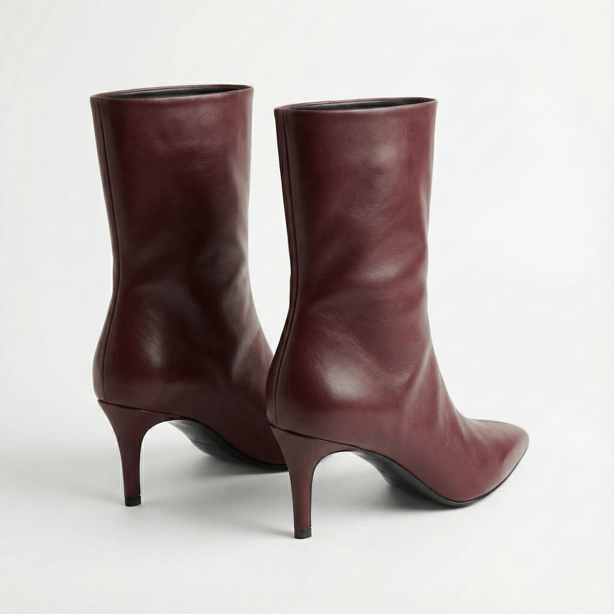 Burgundy Leather Mid - Calf High Heel Boots - shopaleena