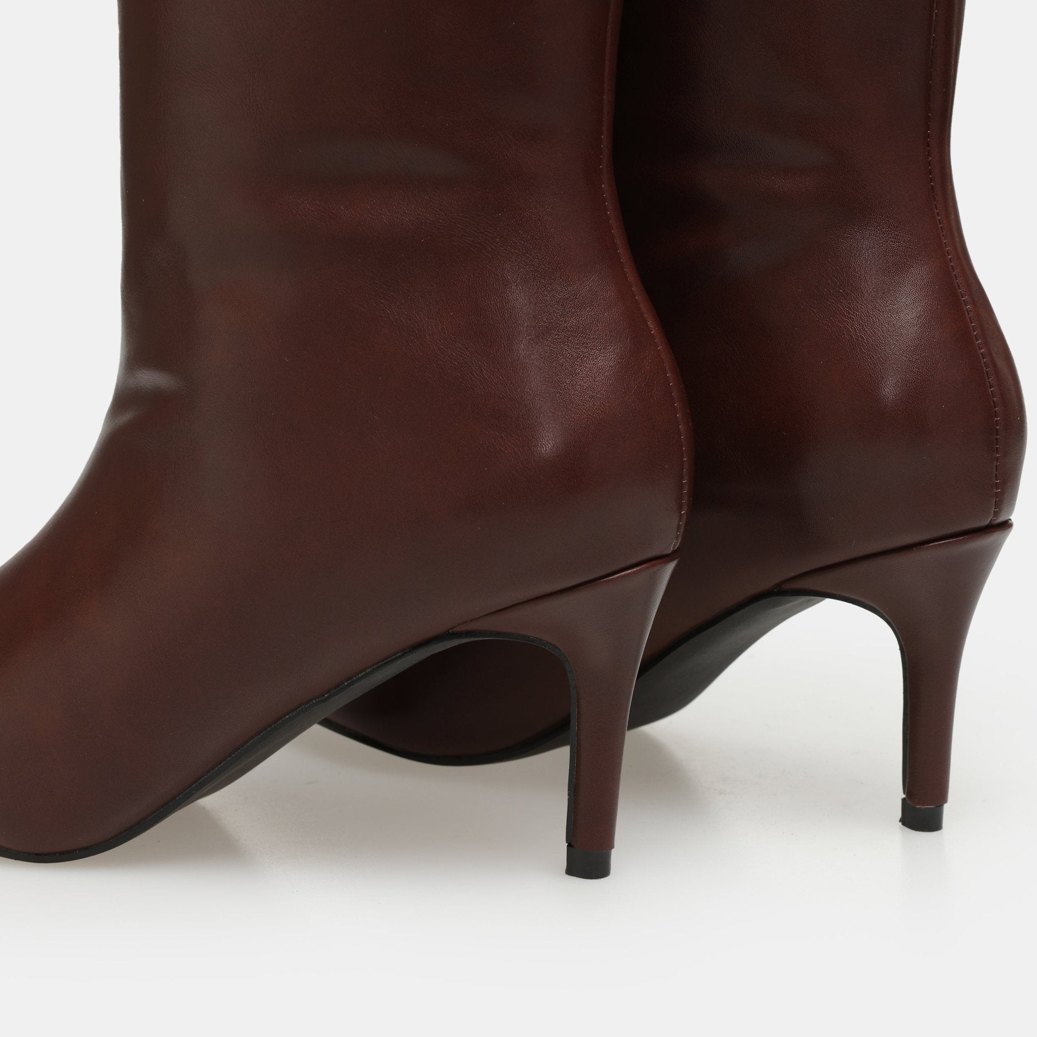 Burgundy Leather Mid - Calf High Heel Boots - shopaleena