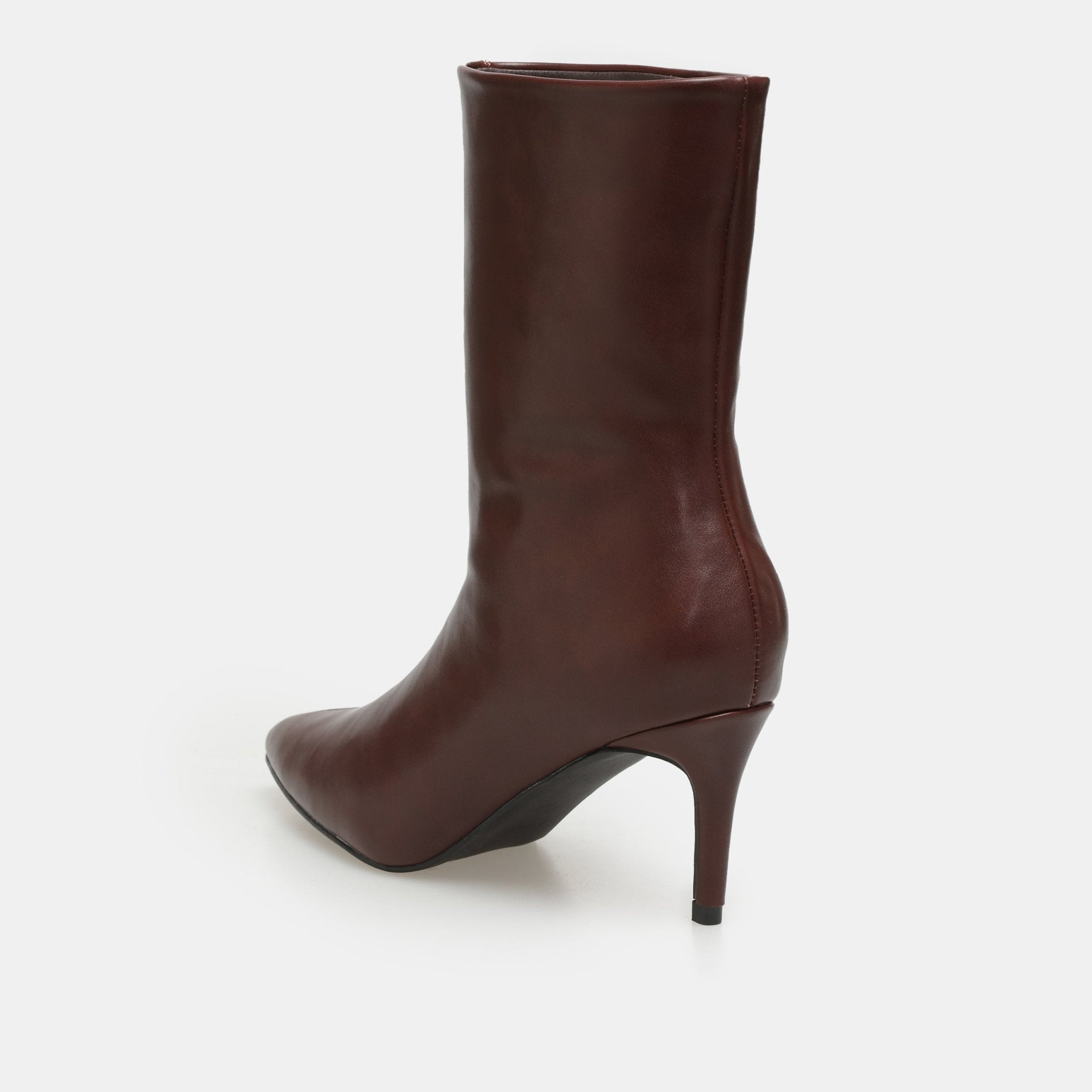 Burgundy Leather Mid - Calf High Heel Boots - shopaleena