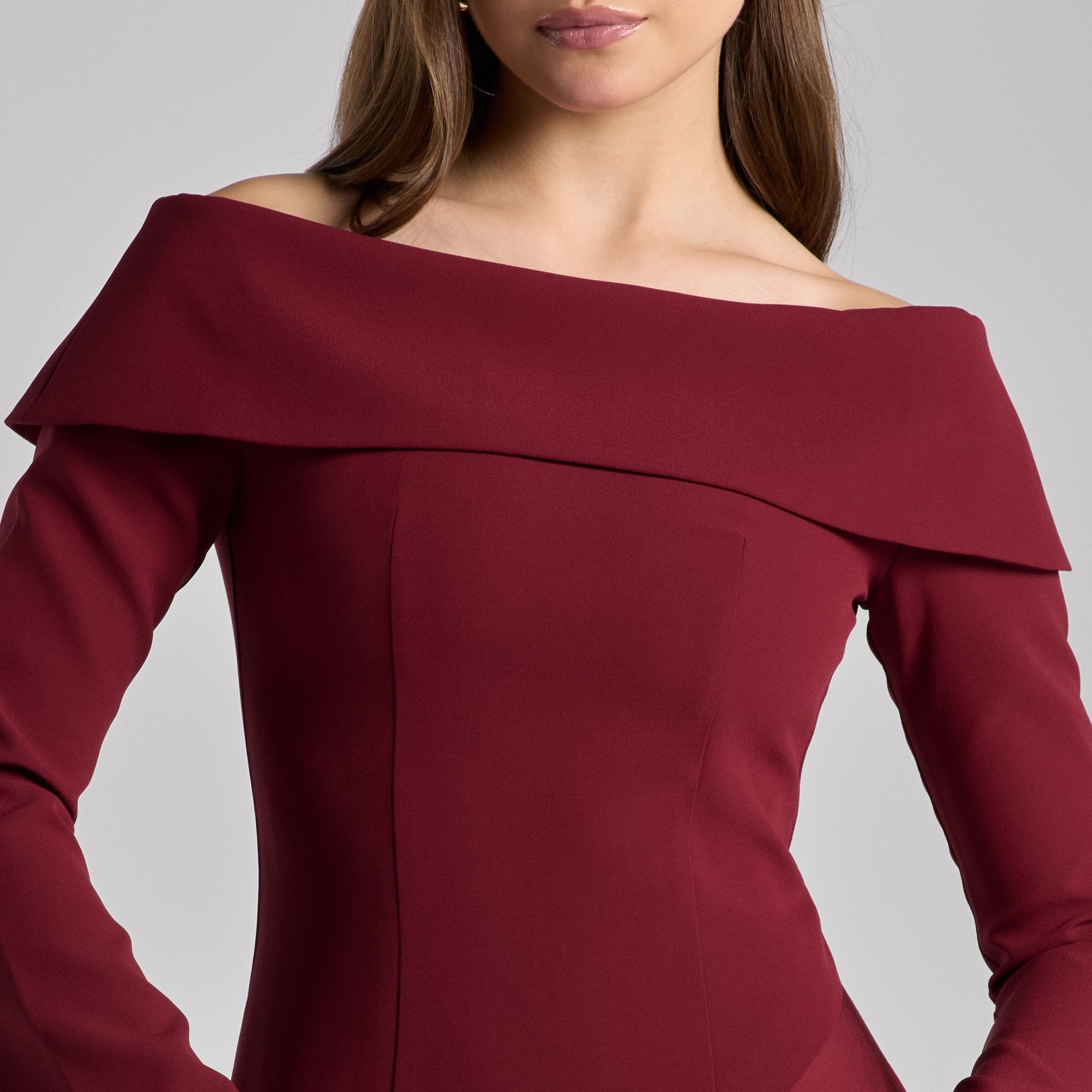 Burgundy Off - Shoulder Asymmetric Crepe Dress - shopaleena