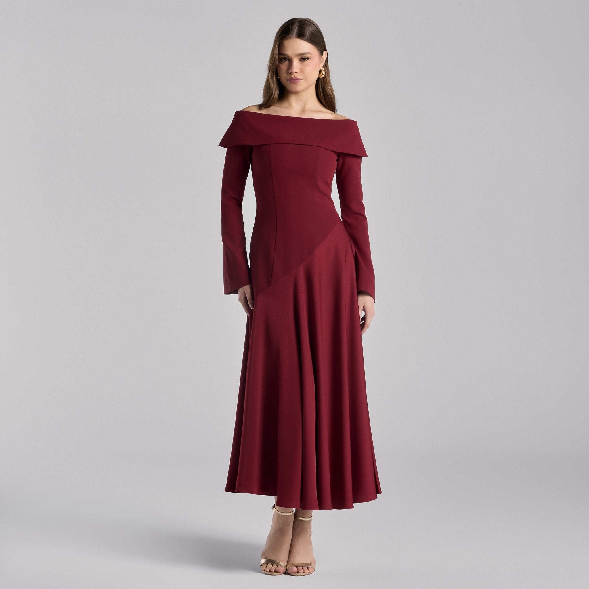 Burgundy Off - Shoulder Asymmetric Crepe Dress - shopaleena