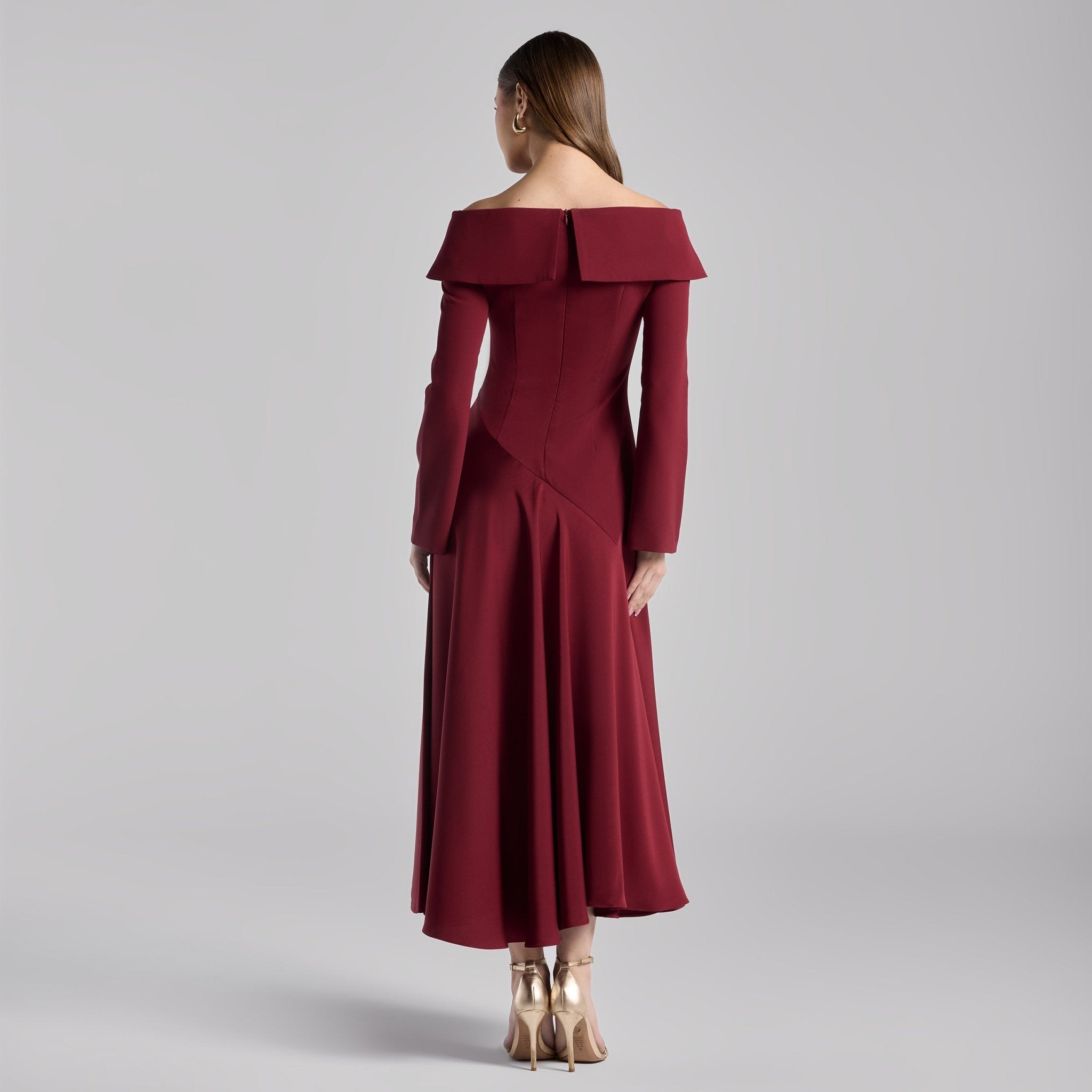 Burgundy Off - Shoulder Asymmetric Crepe Dress - shopaleena