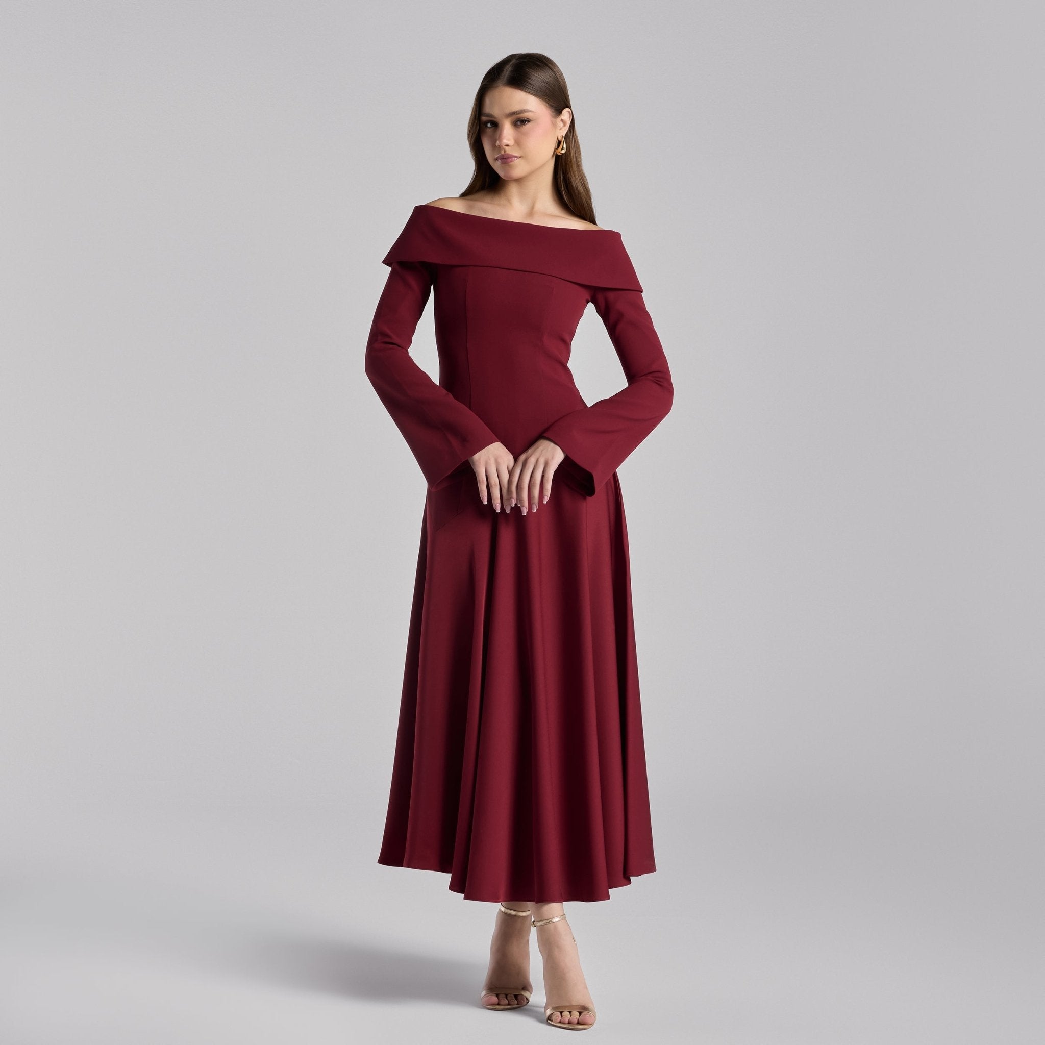 Burgundy Off - Shoulder Asymmetric Crepe Dress - shopaleena