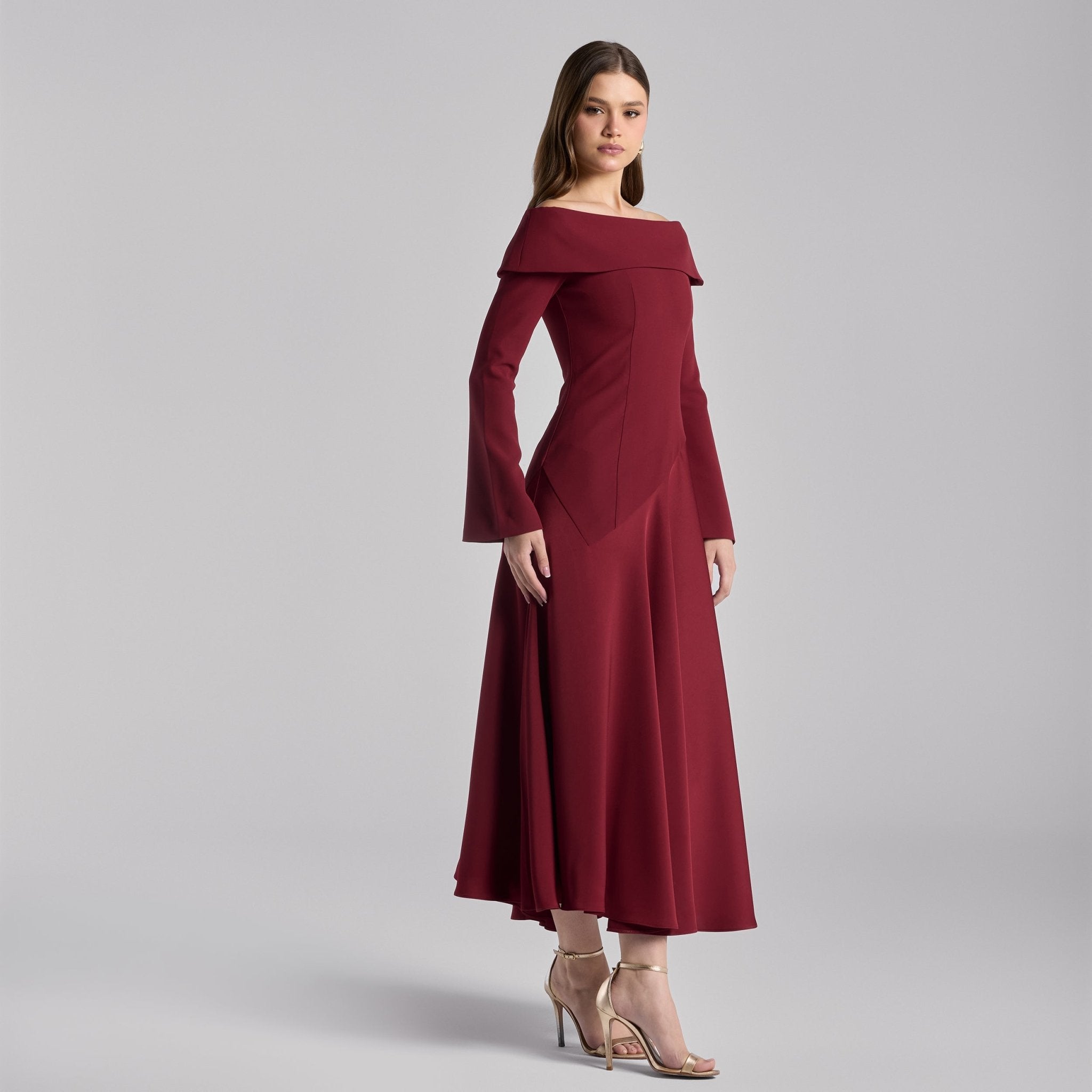 Burgundy Off - Shoulder Asymmetric Crepe Dress - shopaleena