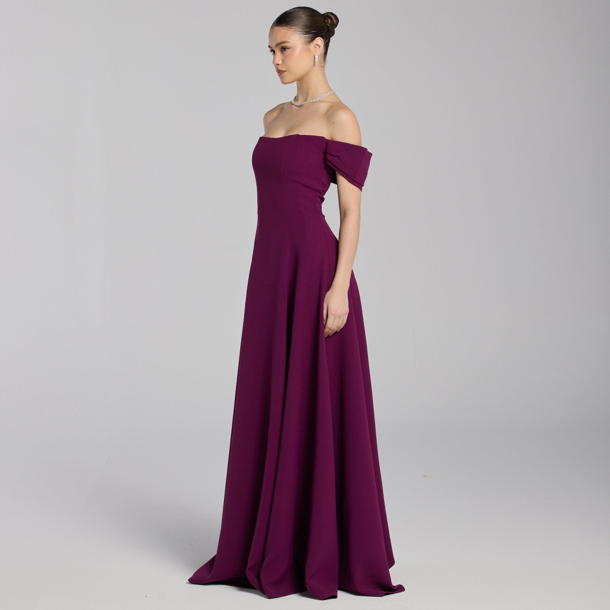 Burgundy Off - Shoulder Crepe Gown - shopaleena