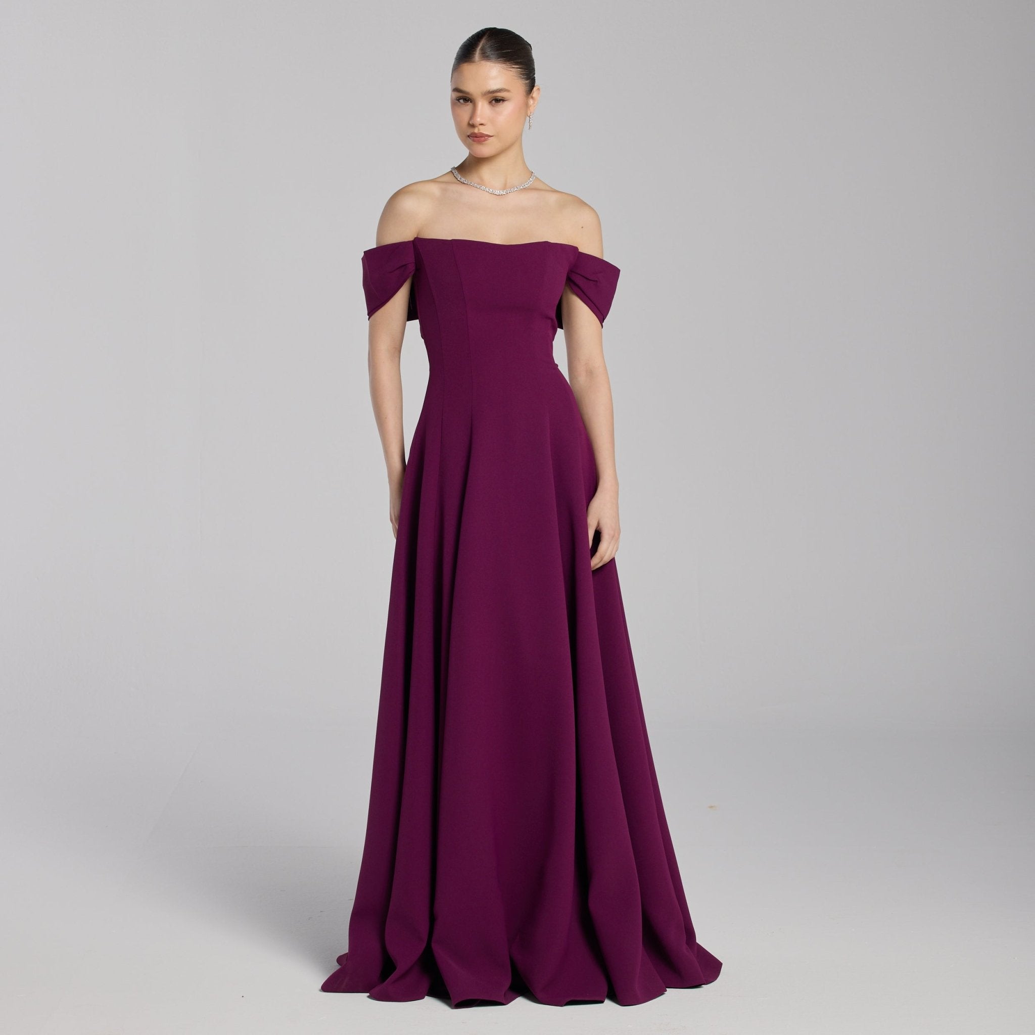 Burgundy Off - Shoulder Crepe Gown - shopaleena