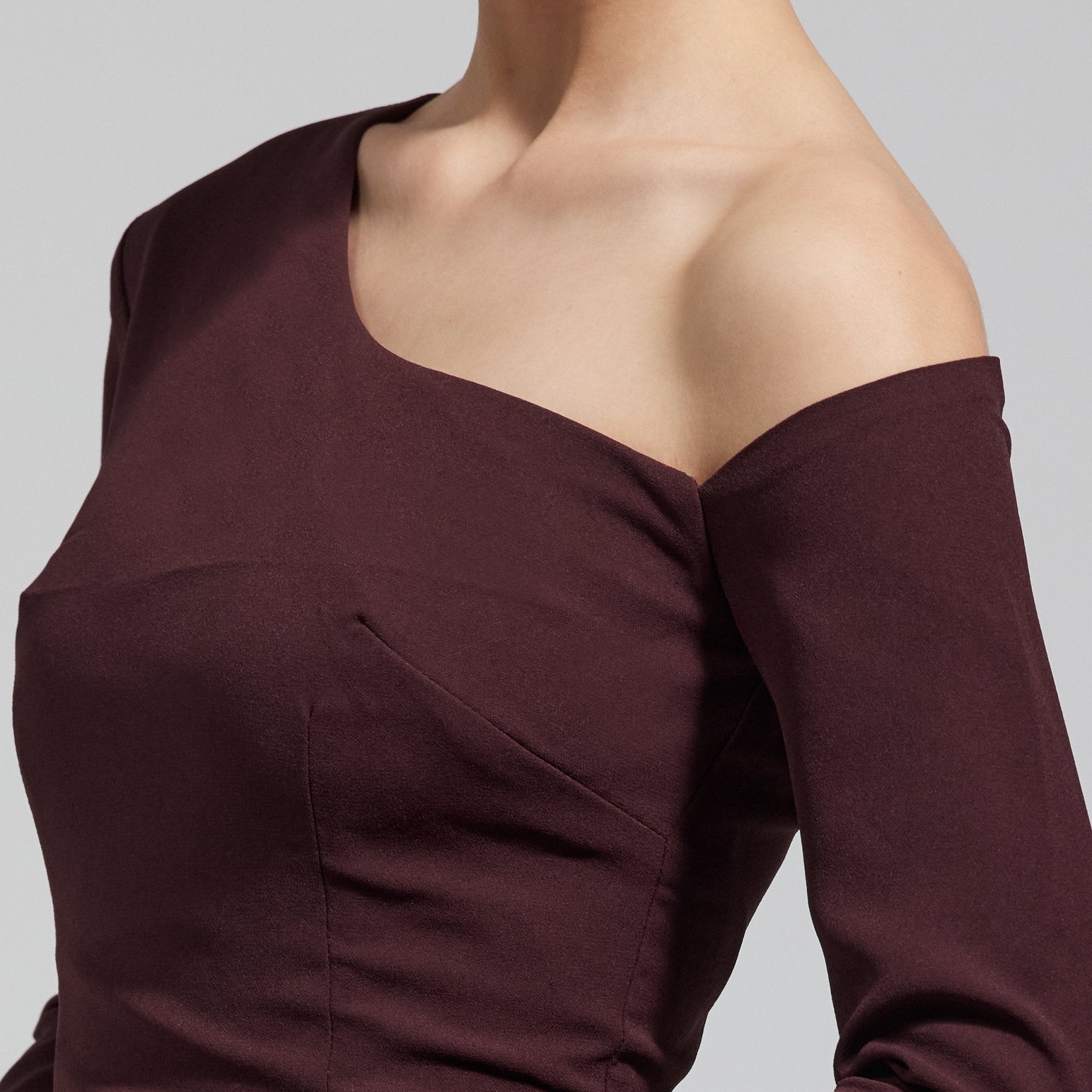 Burgundy Off Shoulder Crepe & Taffeta Ball Gown - shopaleena