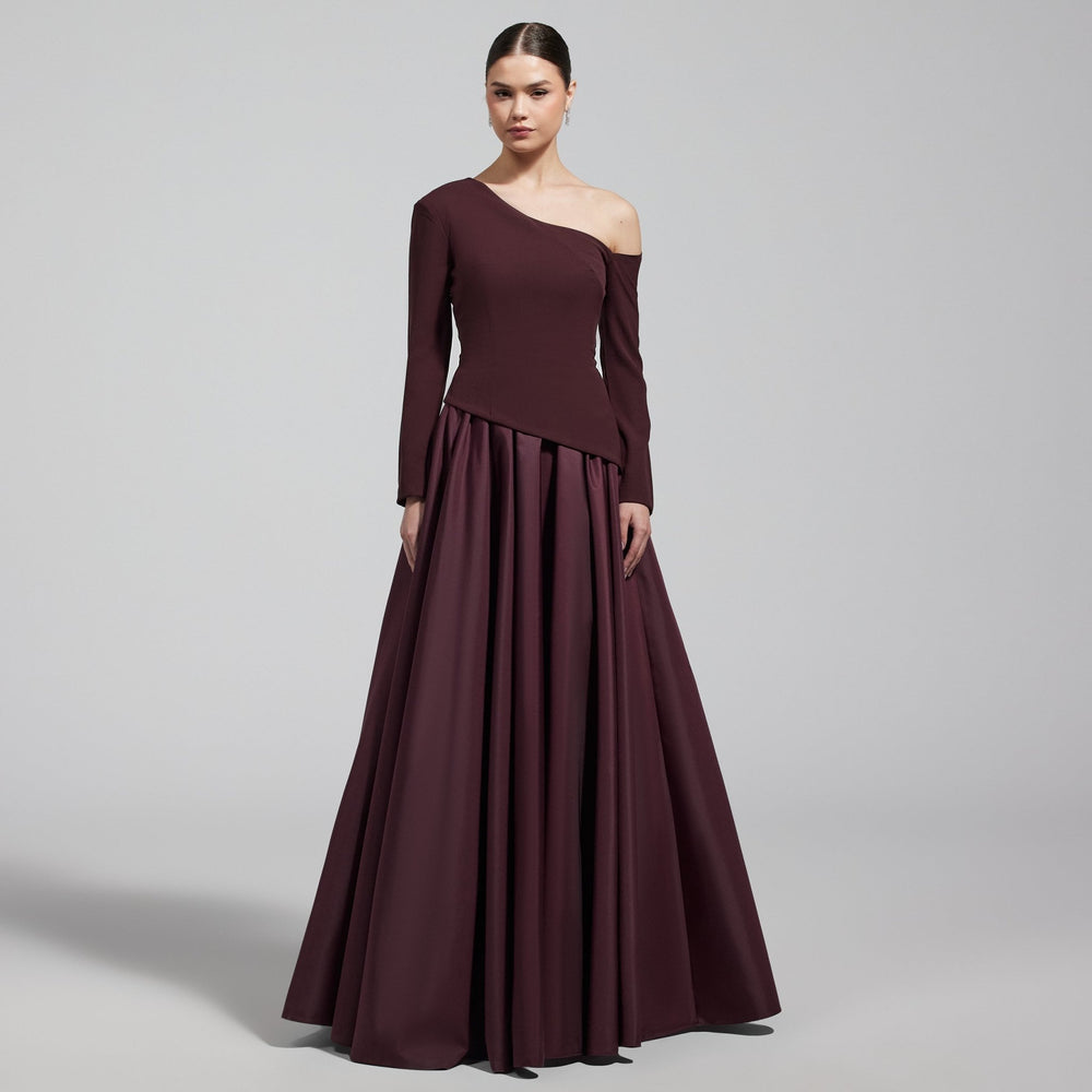 Burgundy Off Shoulder Crepe & Taffeta Ball Gown - shopaleena