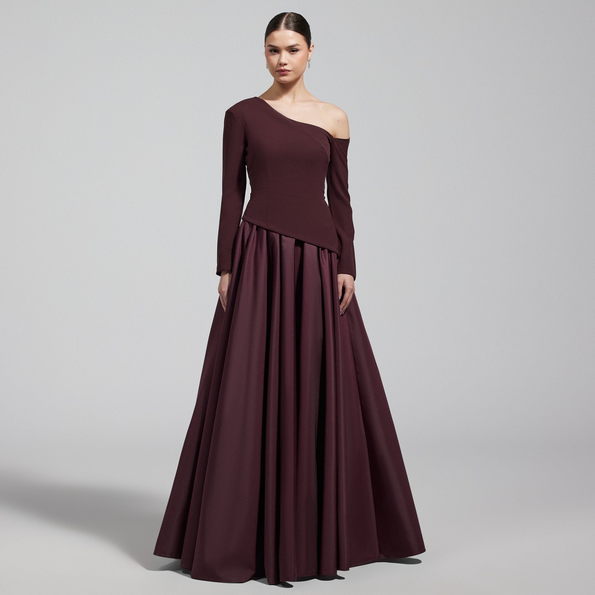 Burgundy Off Shoulder Crepe & Taffeta Ball Gown - shopaleena