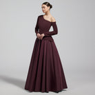 Burgundy Off Shoulder Crepe & Taffeta Ball Gown - shopaleena