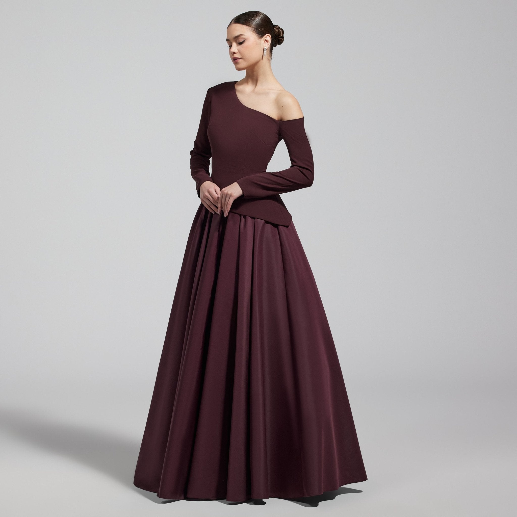 Burgundy Off Shoulder Crepe & Taffeta Ball Gown - shopaleena