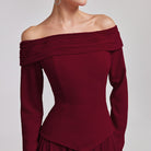 Burgundy Off - Shoulder Long - Sleeve Evening Gown - shopaleena