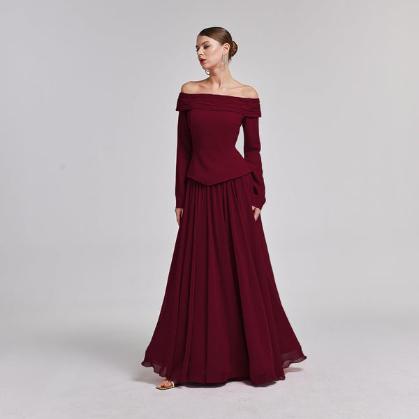 Burgundy Off-Shoulder Long-Sleeve Evening Gown – shopaleena