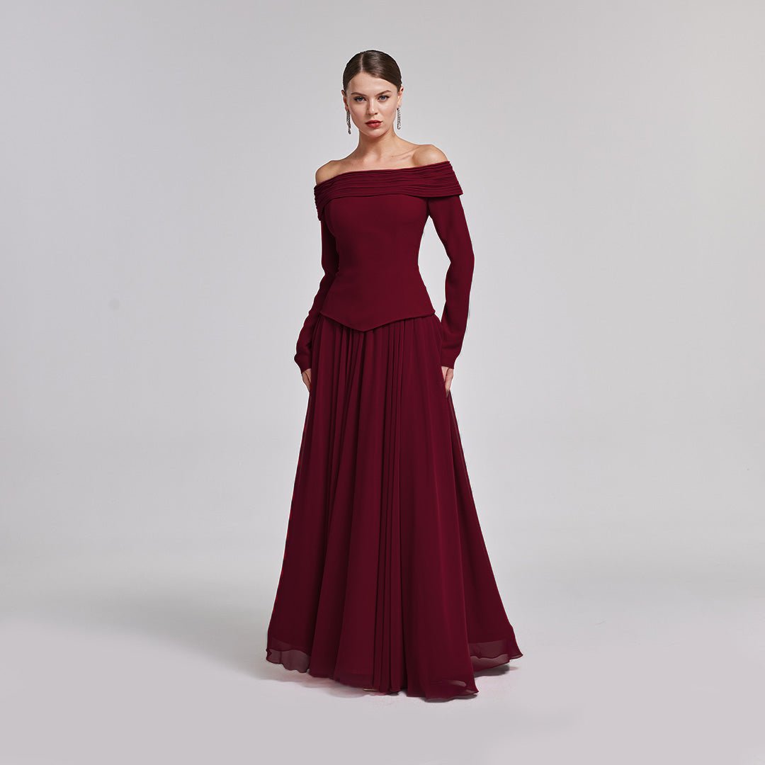 Burgundy Off - Shoulder Long - Sleeve Evening Gown - shopaleena