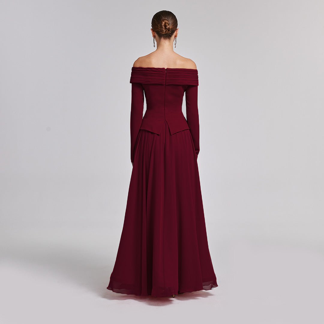 Burgundy Off - Shoulder Long - Sleeve Evening Gown - shopaleena