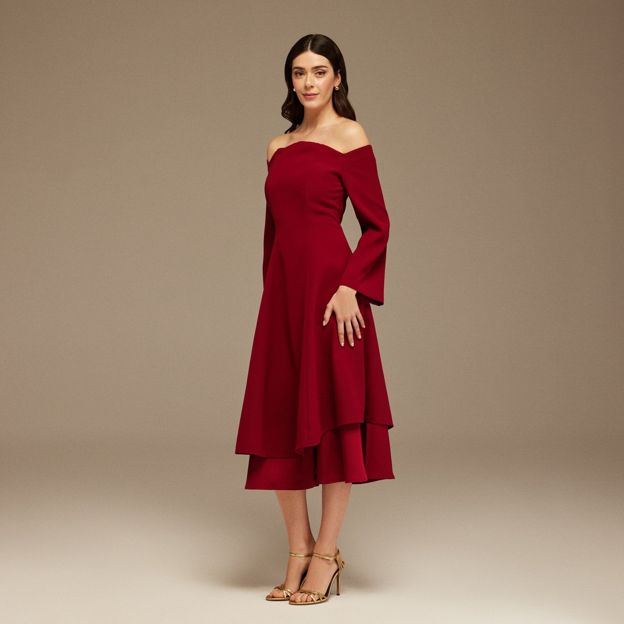 Burgundy Off - Shoulder Midi Dress - shopaleena