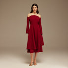 Burgundy Off - Shoulder Midi Dress - shopaleena