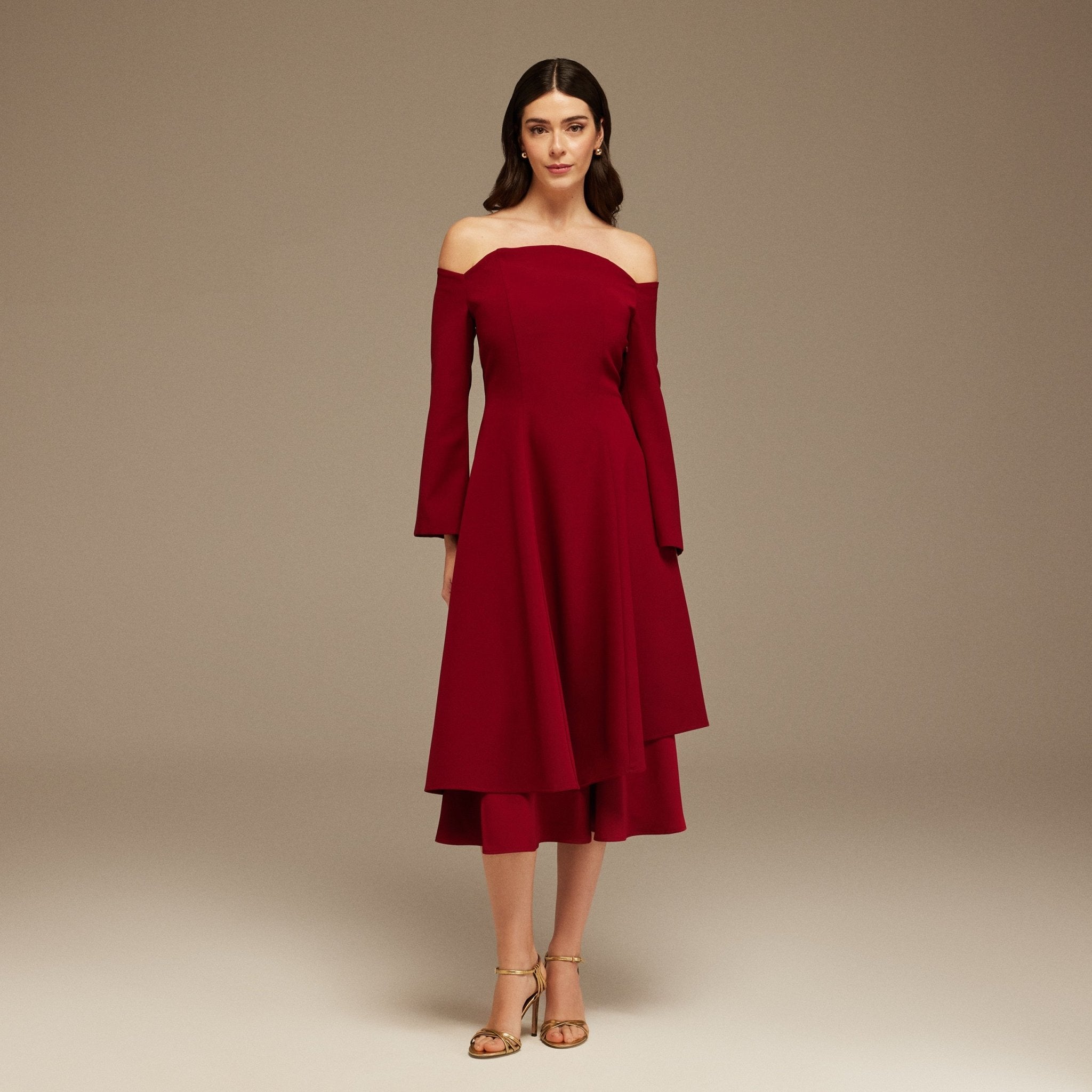 Burgundy Off - Shoulder Midi Dress - shopaleena