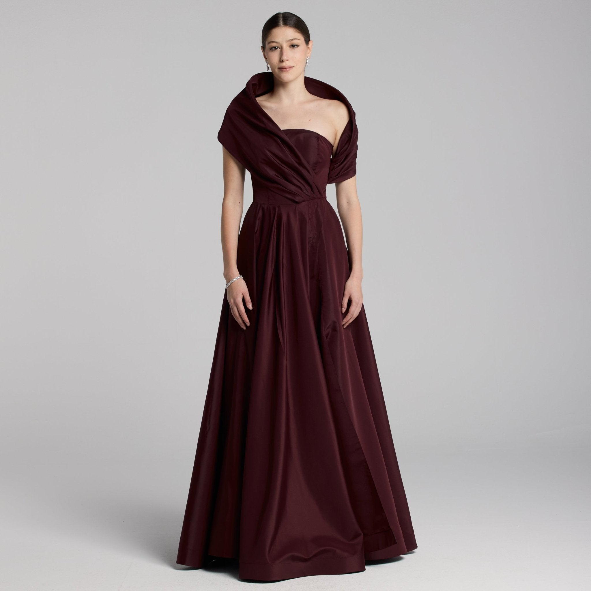 Burgundy Cape Sleeve Taffeta Gown