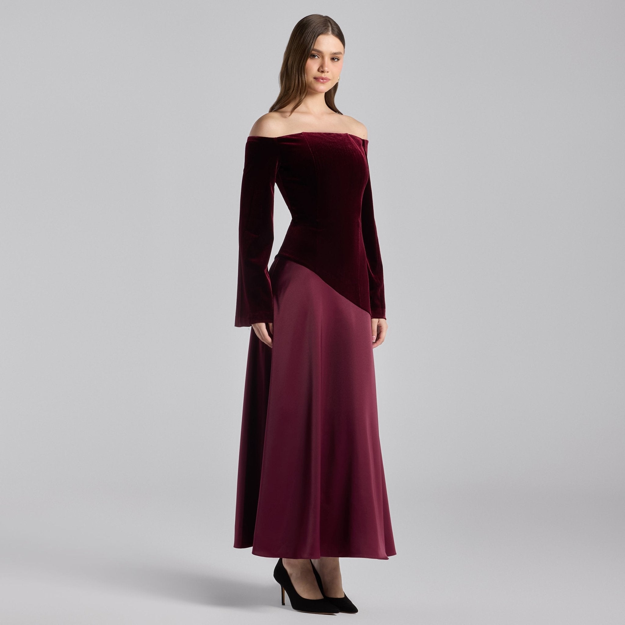 Burgundy Off - Shoulder Velvet & Satin Balloon Sleeve Dress - shopaleena