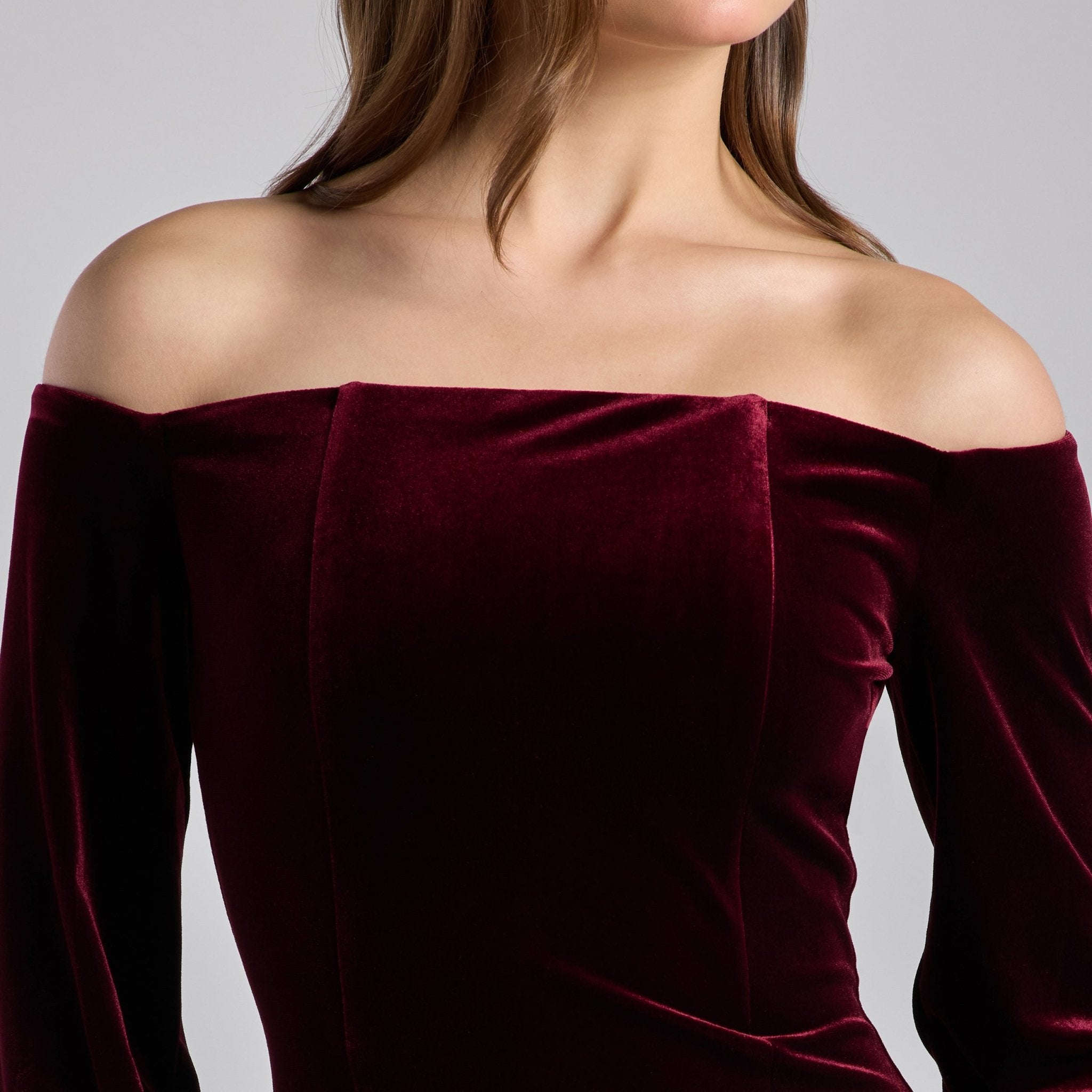 Burgundy Off - Shoulder Velvet & Satin Balloon Sleeve Dress - shopaleena