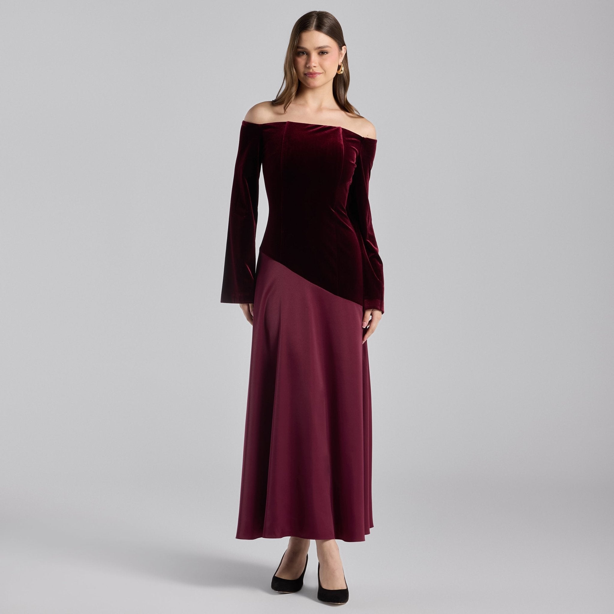 Burgundy Off - Shoulder Velvet & Satin Balloon Sleeve Dress - shopaleena