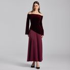 Burgundy Off - Shoulder Velvet & Satin Balloon Sleeve Dress - shopaleena