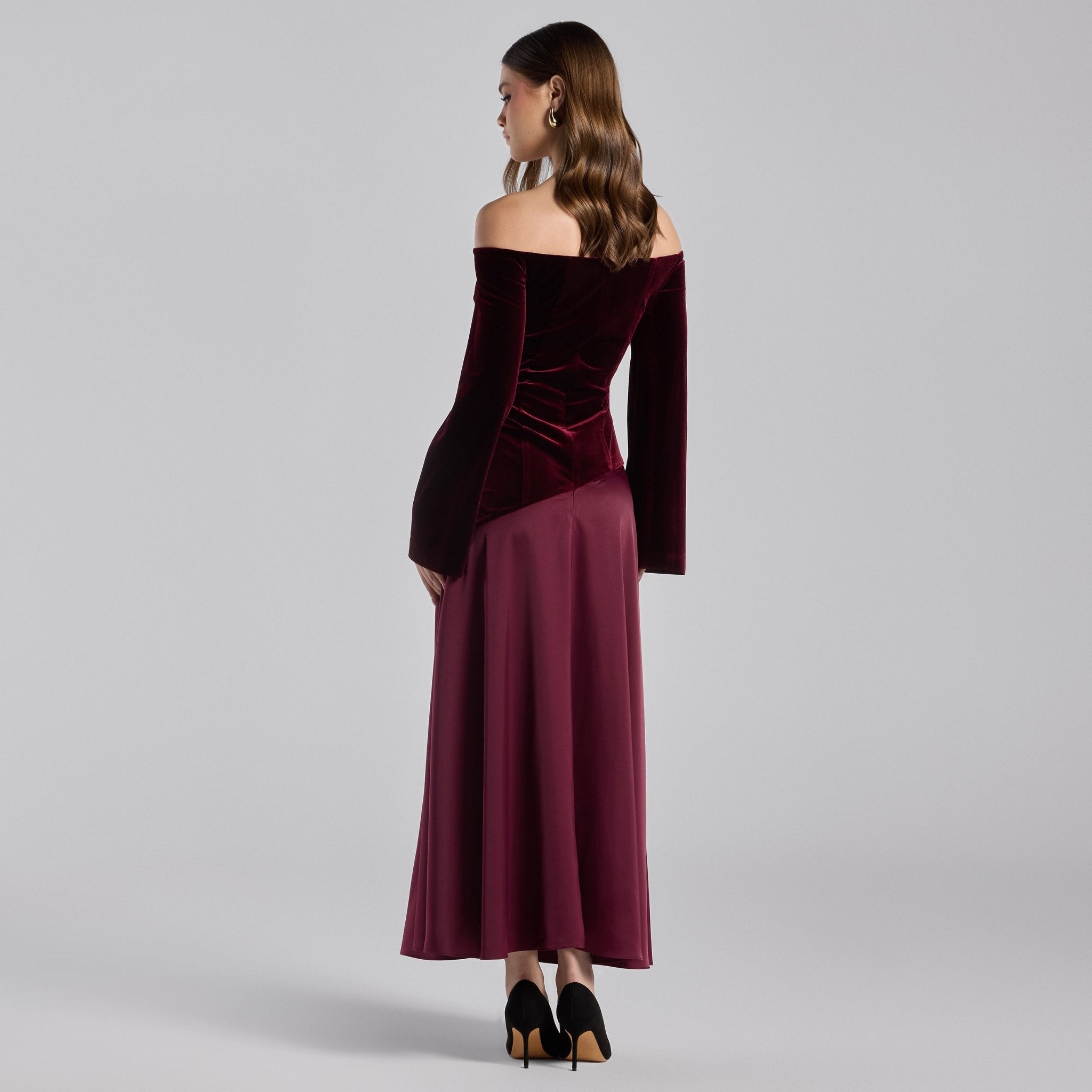 Burgundy Off - Shoulder Velvet & Satin Balloon Sleeve Dress - shopaleena