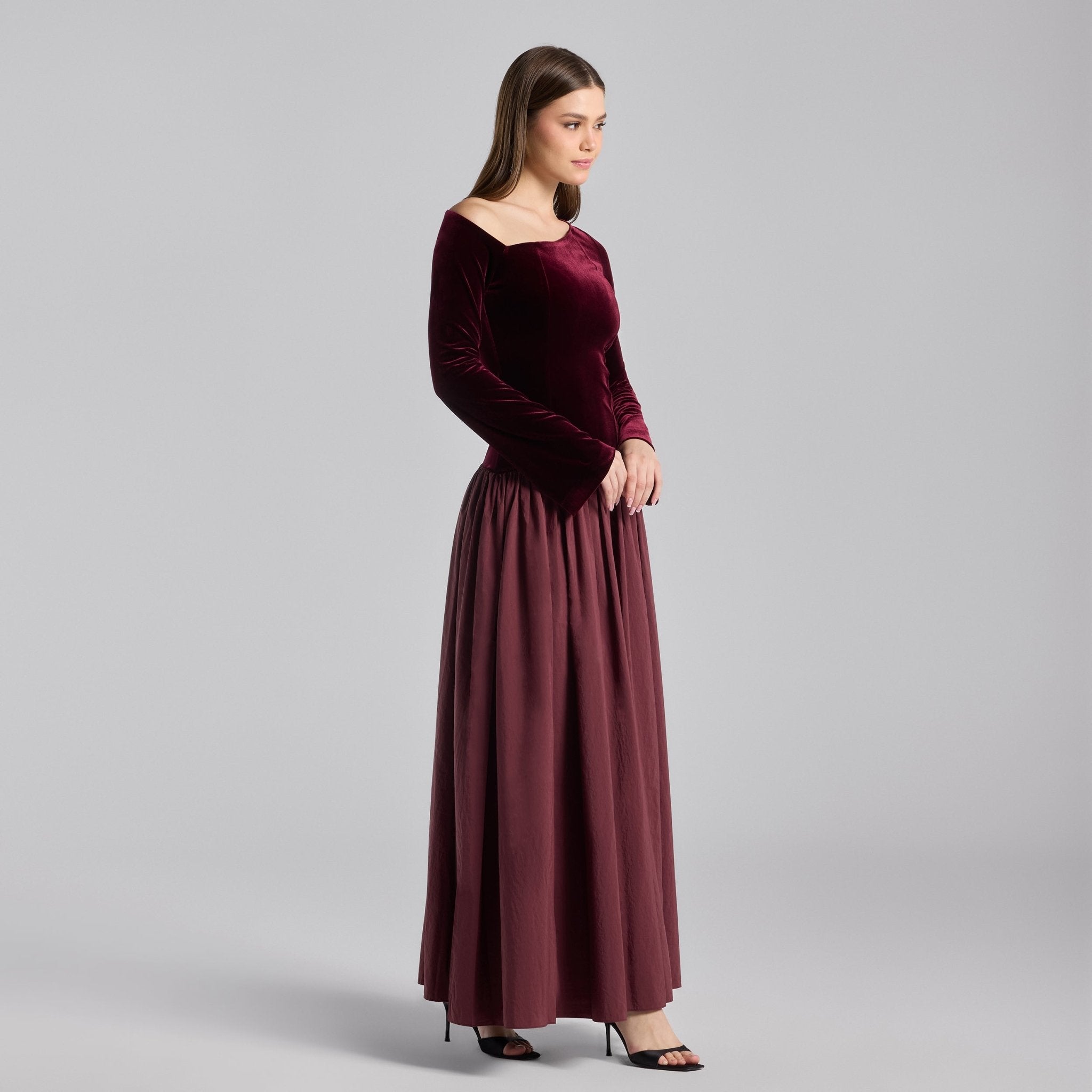 Burgundy Off Shoulder Velvet - Taffeta Maxi Dress - shopaleena