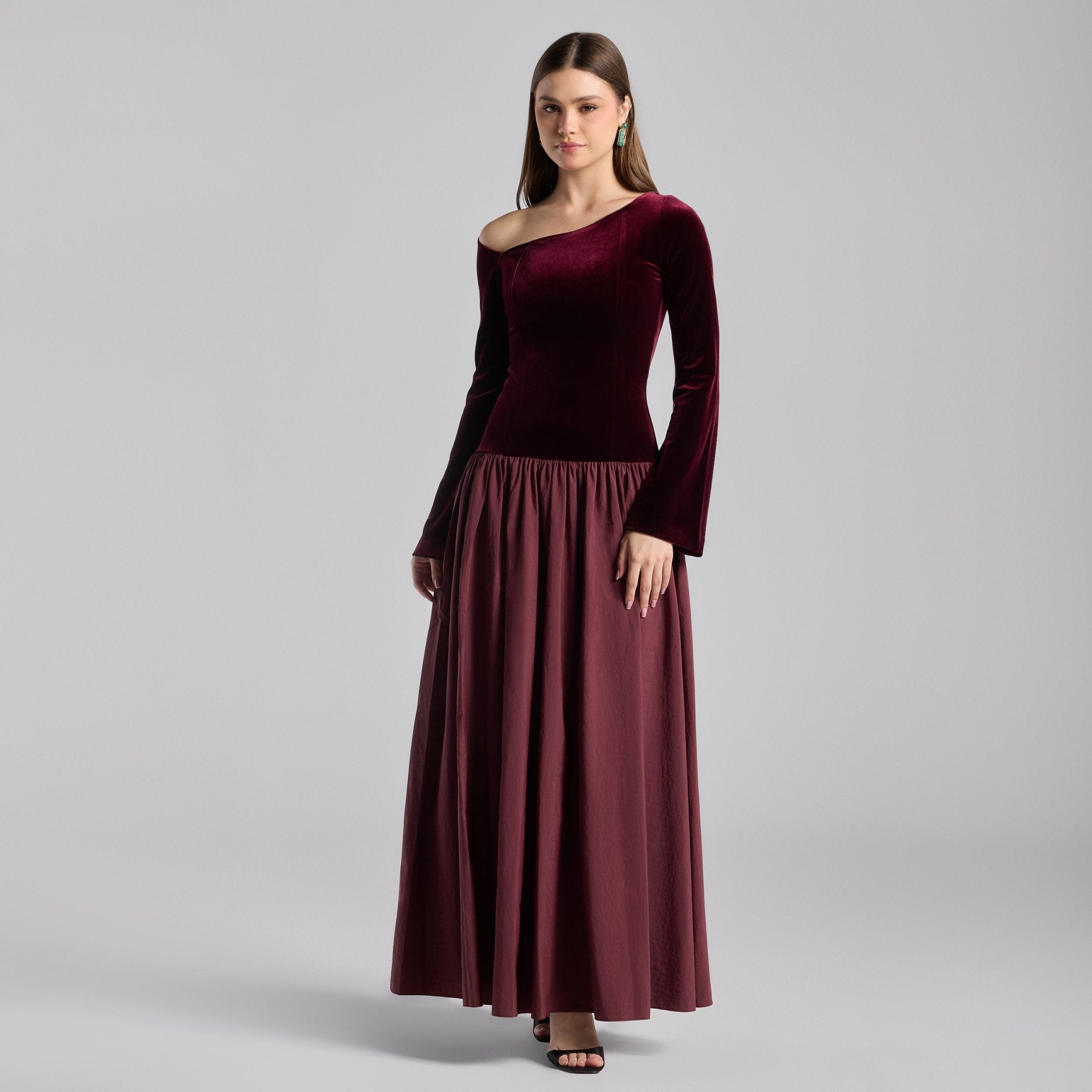 Burgundy Off Shoulder Velvet - Taffeta Maxi Dress - shopaleena