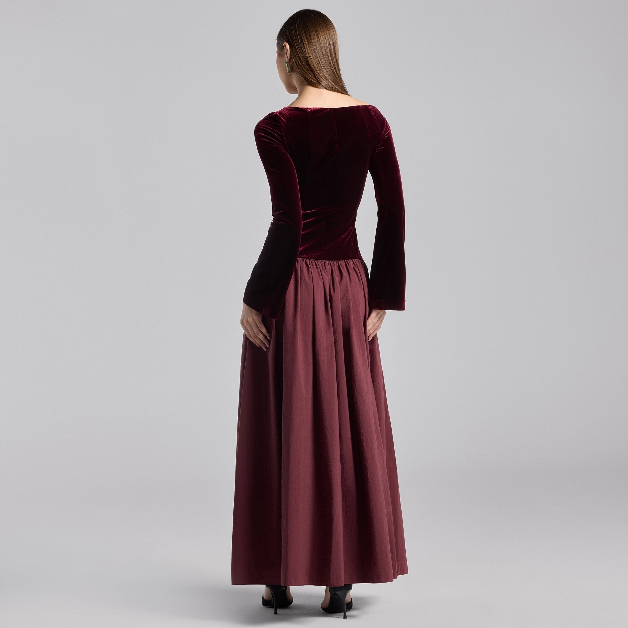 Burgundy Off Shoulder Velvet - Taffeta Maxi Dress - shopaleena