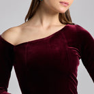 Burgundy Off Shoulder Velvet - Taffeta Maxi Dress - shopaleena