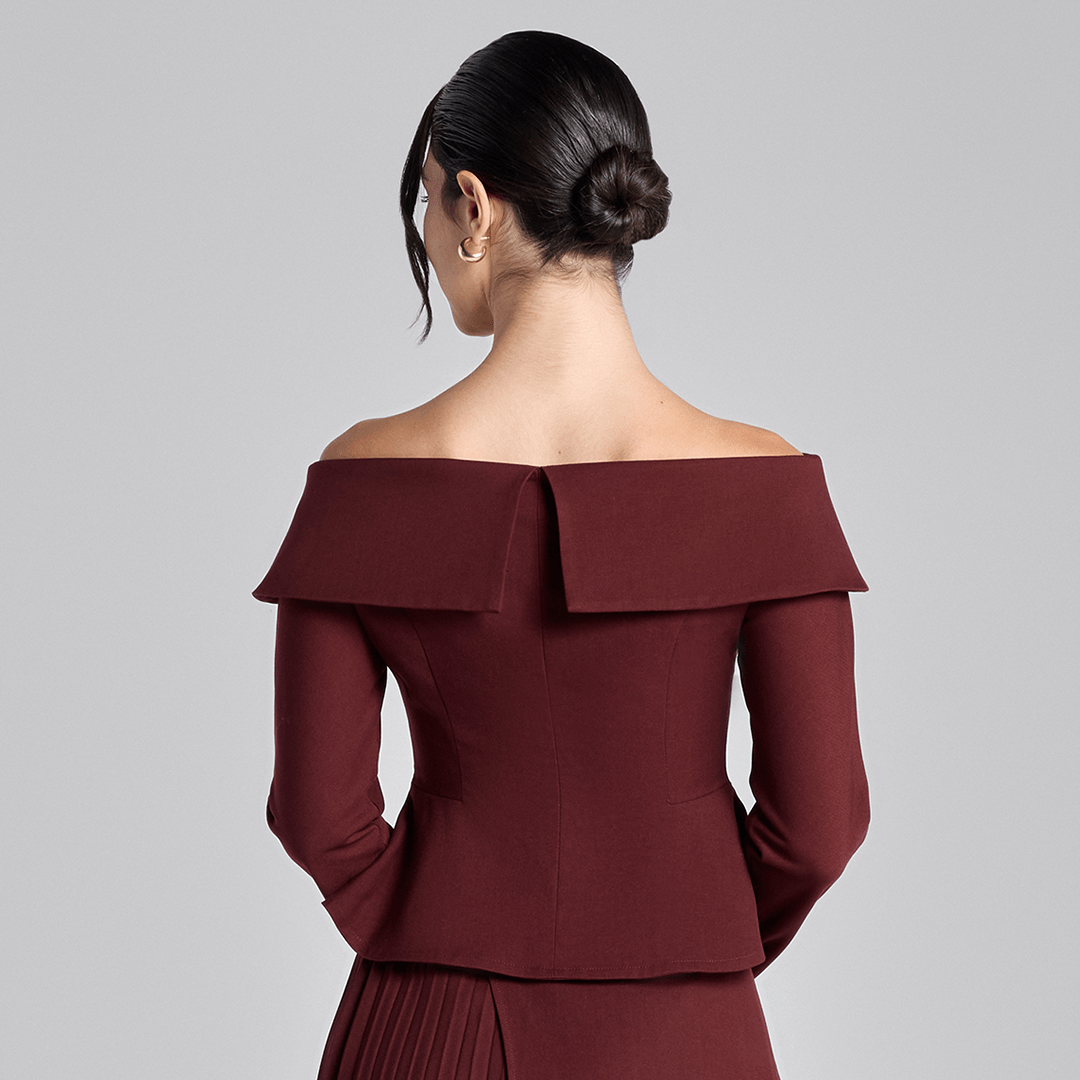 Burgundy Off - Shoulder Wool Peplum Top - shopaleena