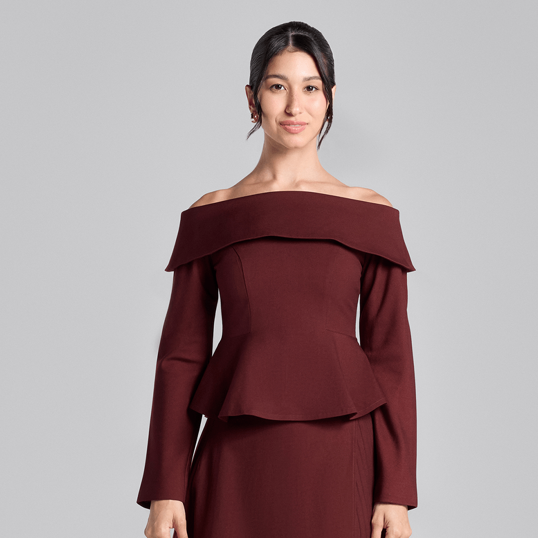 Burgundy Off - Shoulder Wool Peplum Top - shopaleena