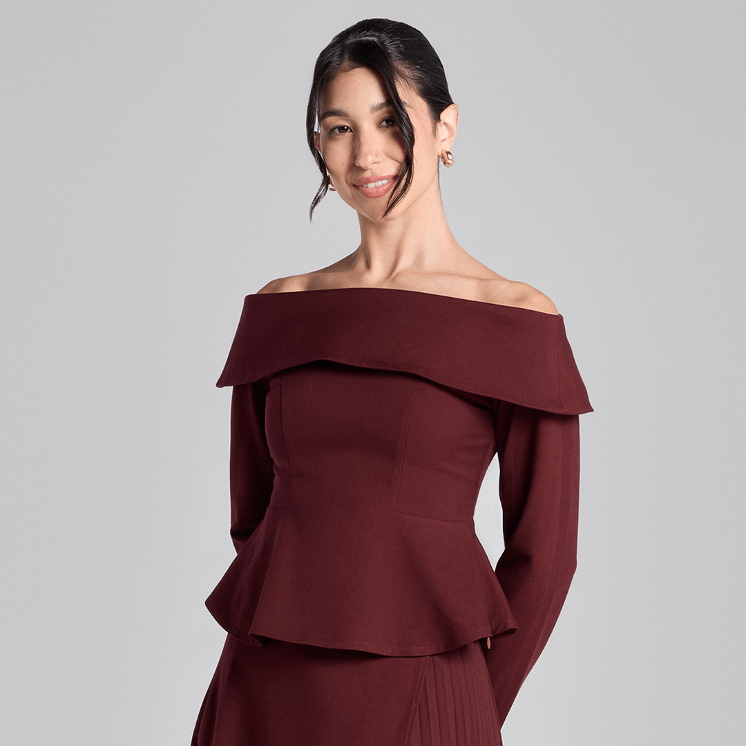 Burgundy Off - Shoulder Wool Peplum Top - shopaleena